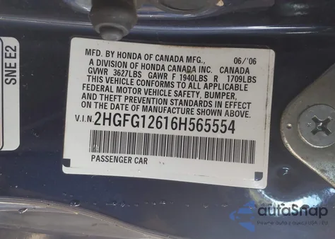 2006 Honda Civic Lx from USA, damaged, VIN 2HGFG12616H565554